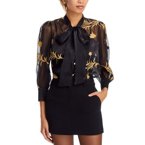 Nancy Yang Women Tie Neck Embroidered Top Black Size XS